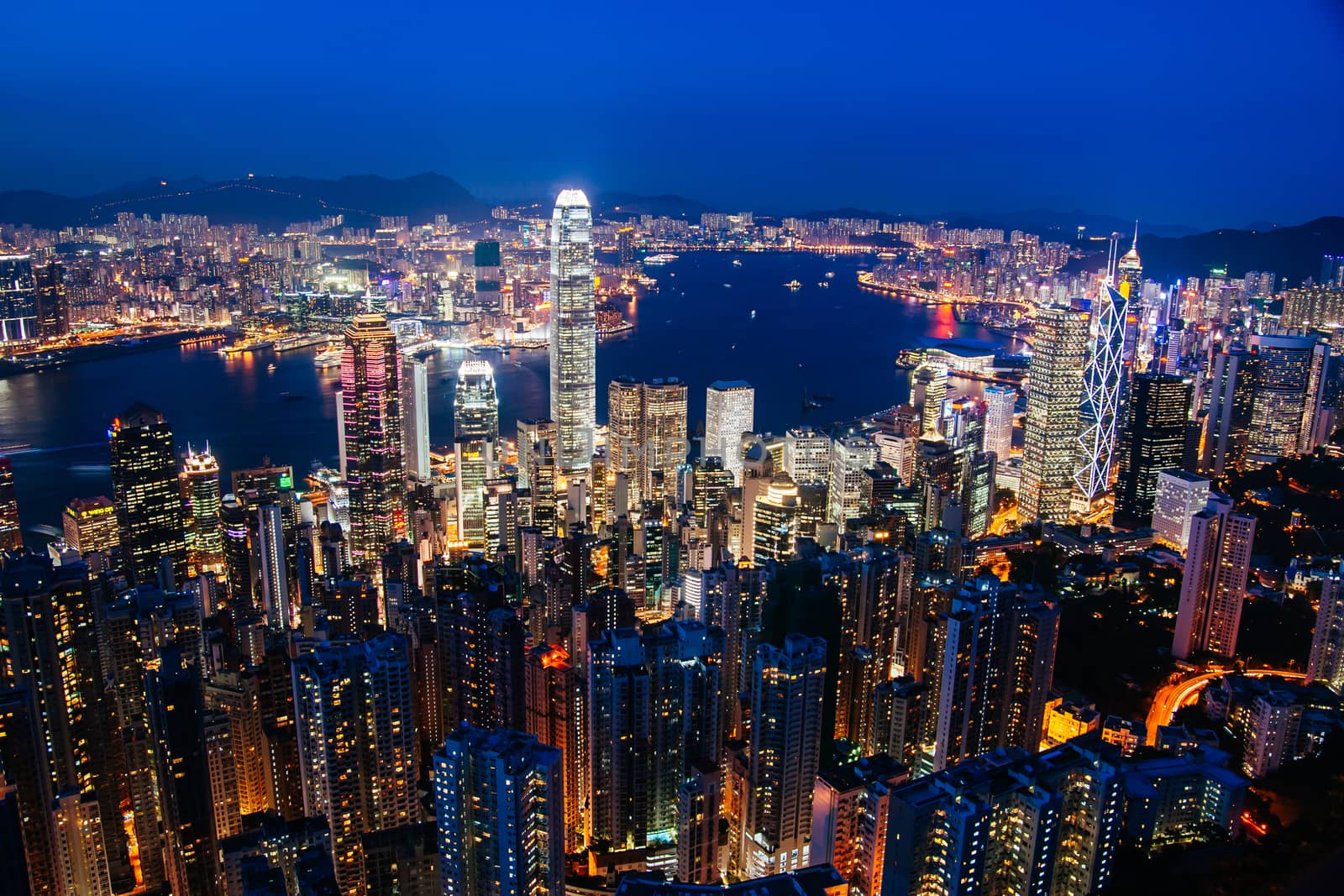 Iconic view at dusk from near the Peak overlooking Hong Kong Island and Kowloon in Hong Kong, China