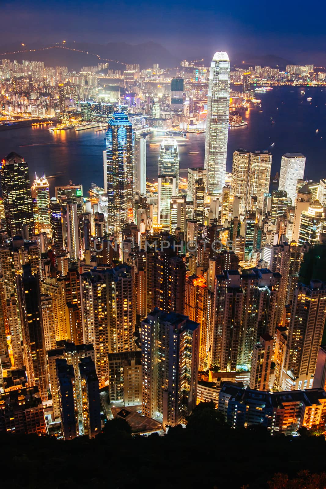 Iconic view at dusk from near the Peak overlooking Hong Kong Island and Kowloon in Hong Kong, China