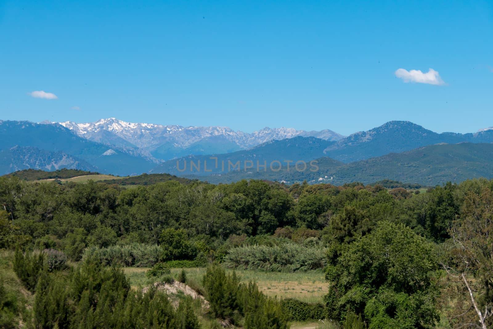 A landscape shot with green forests, mountains and a blue sky