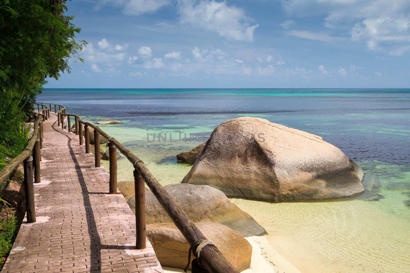 Pathway by the ocean with big stones and green plants