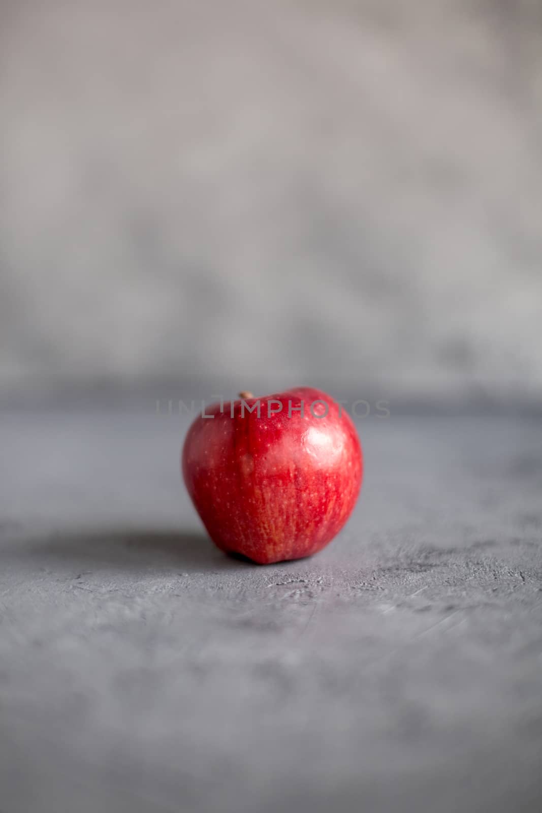one Ripe garden red apples on gray concrete. Fruits concept of the fall harvest. Space for text. Selective soft focus.