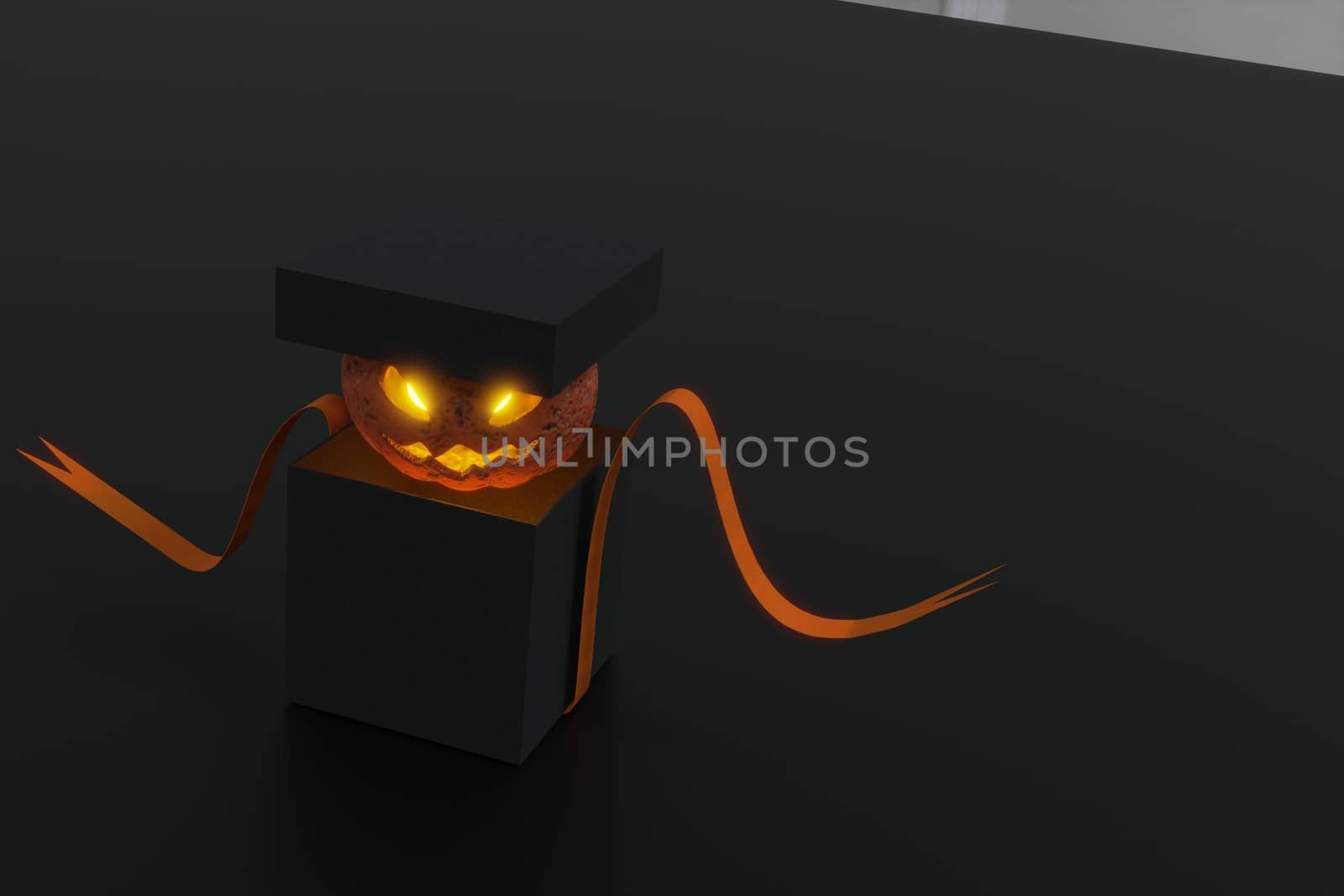 3d rendering ,  Halloween pumpkin in mysterious black box , Concept open gift box and pumpkin ghost or jack-o'-lantern