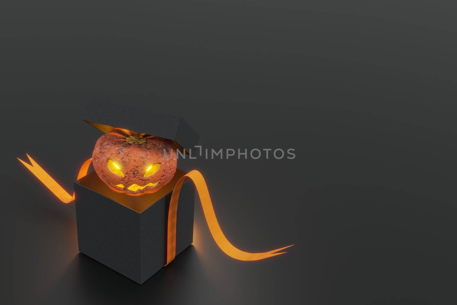 3d rendering ,  Halloween pumpkin in mysterious black box , Concept open gift box and pumpkin ghost or jack-o'-lantern by Hepjam