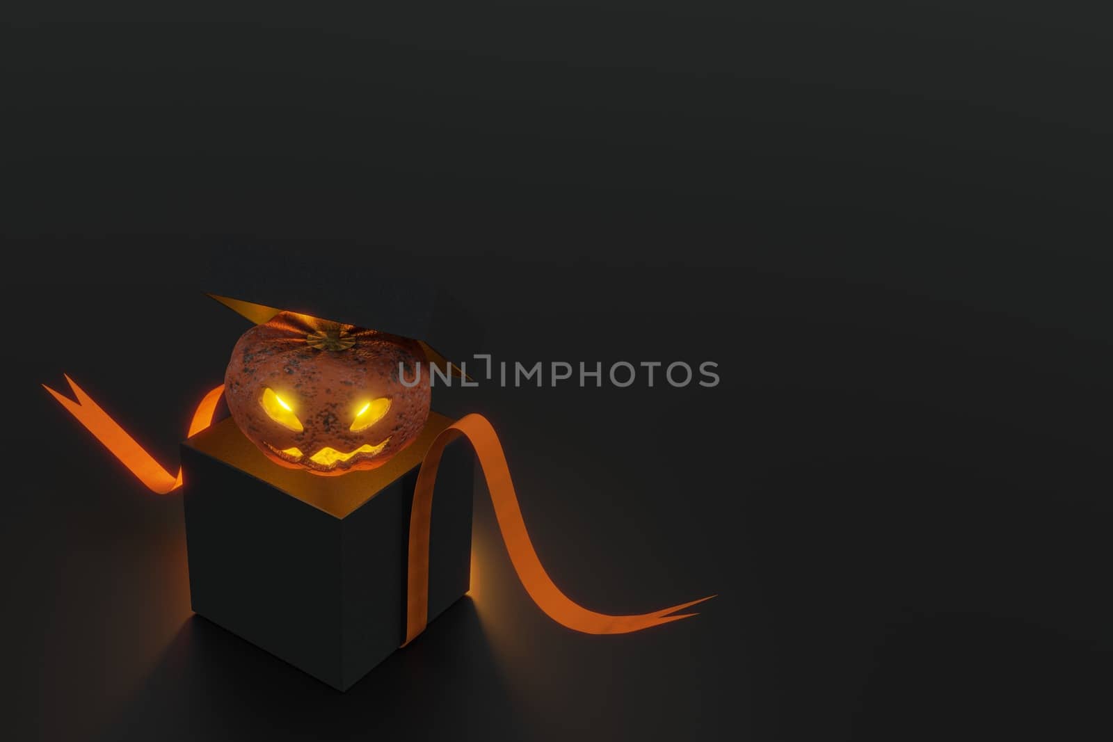 3d rendering ,  Halloween pumpkin in mysterious black box , Concept open gift box and pumpkin ghost or jack-o'-lantern by Hepjam
