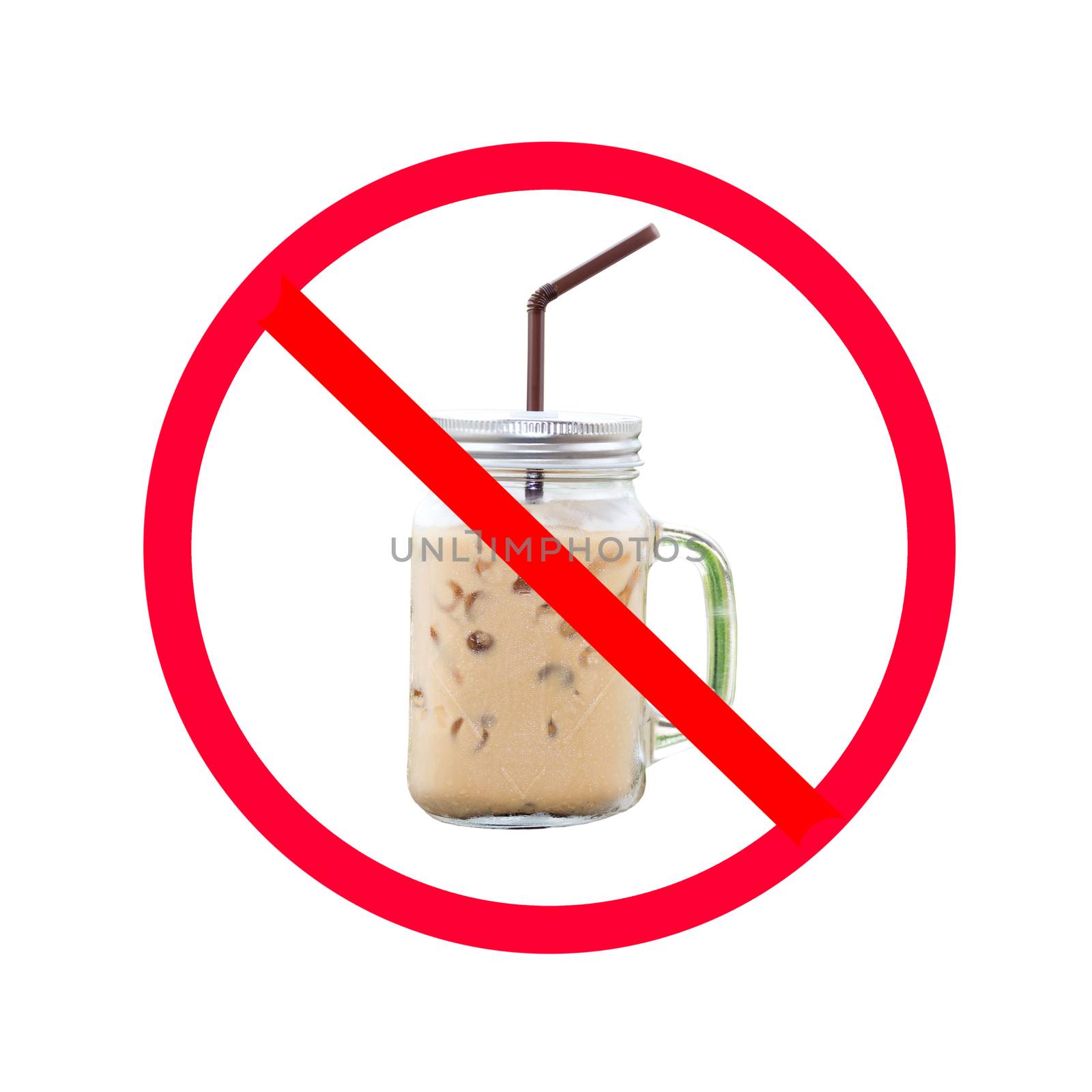 The red circle with slash on ice coffee isolated on white background ; Concept for food and sugar dieting to lose weight.
