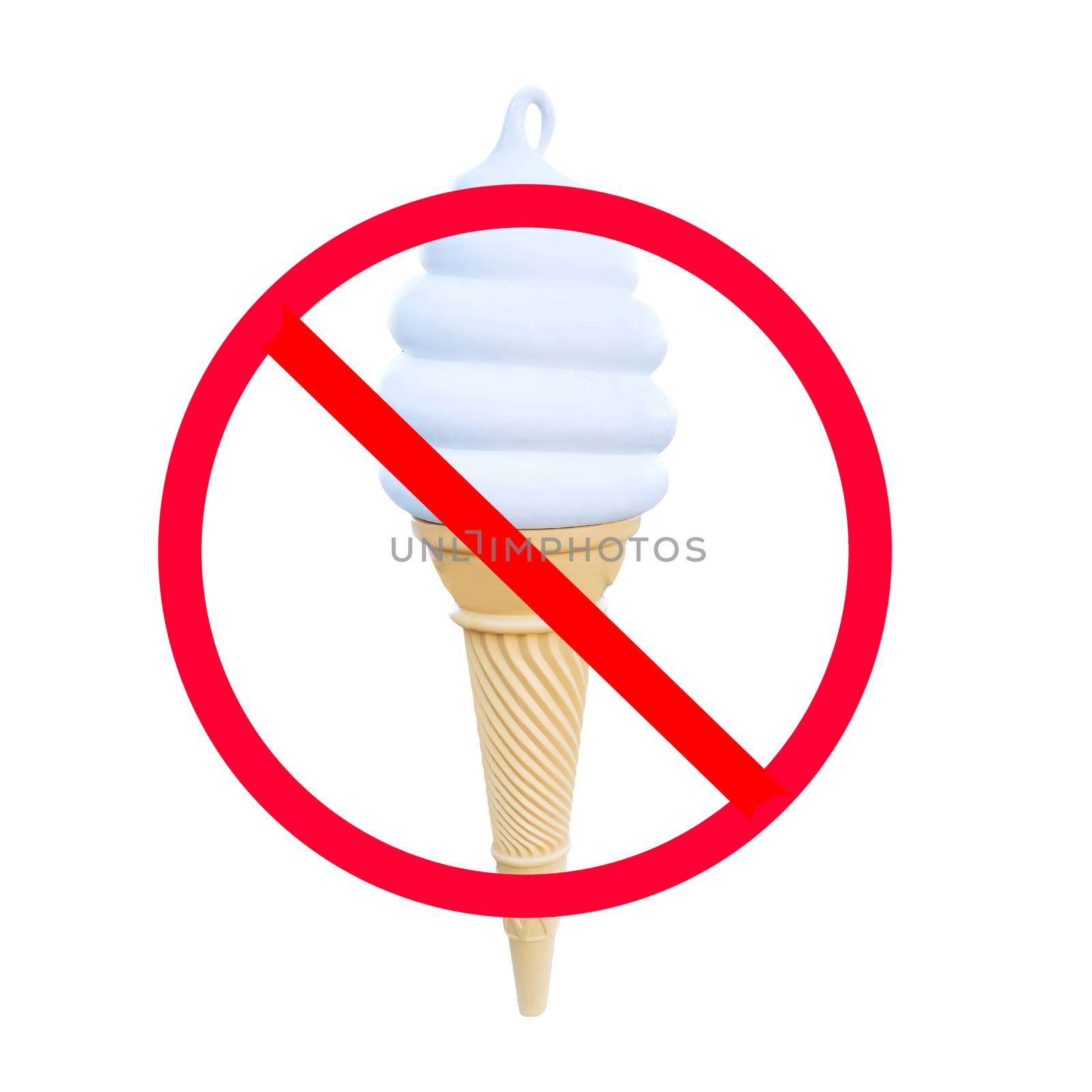 The red circle with slash on ice cream cone isolated on white background ; Concept for dieting to lose weight.