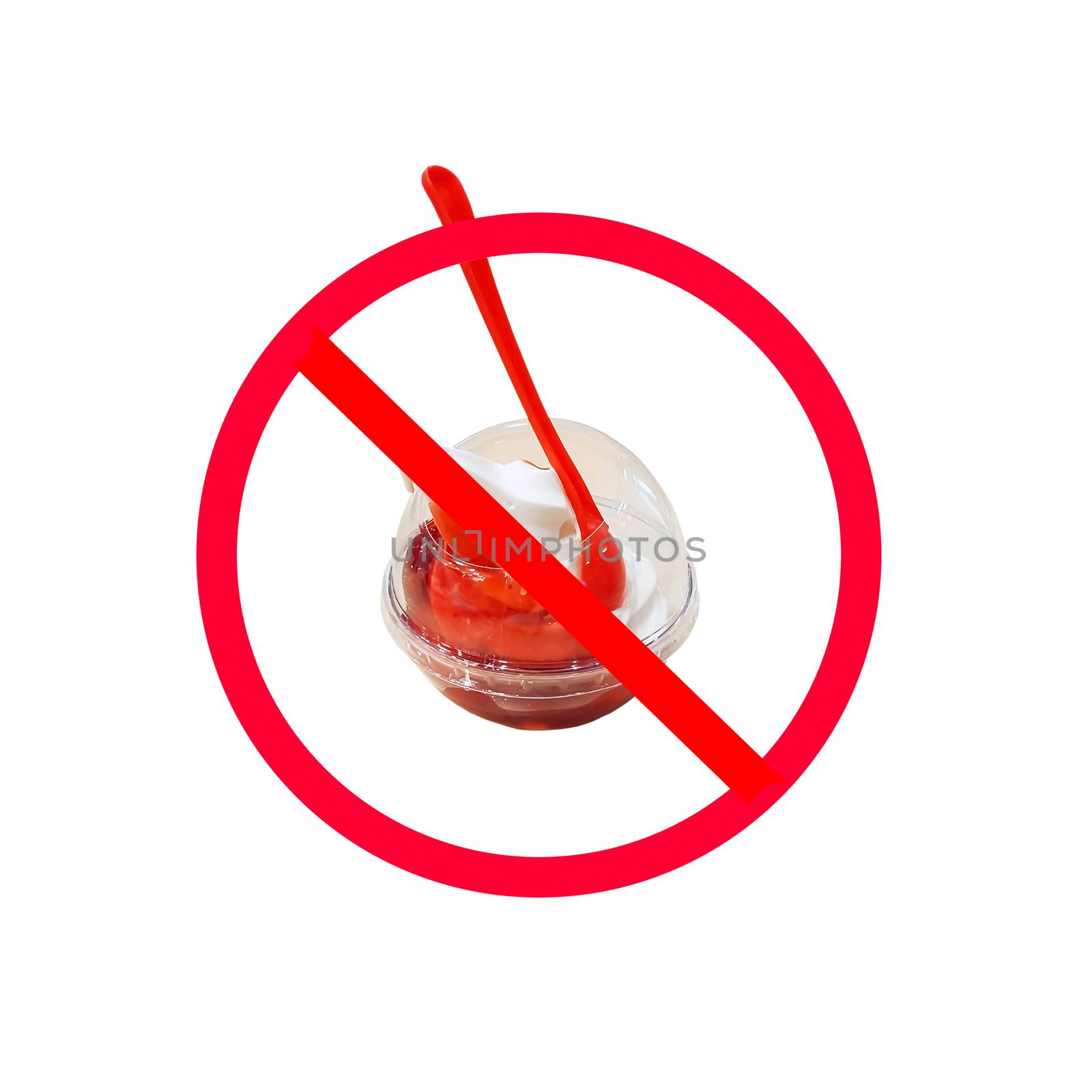 The red circle with slash on ice cream isolated on white background ; Concept for food and sugar dieting to lose weight.