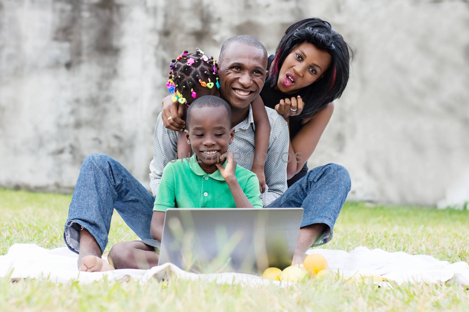 happy family sitting at the park in front of a computer and playing in a group