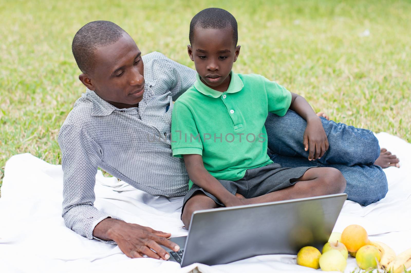 father and son sitting in the park look together on a laptop