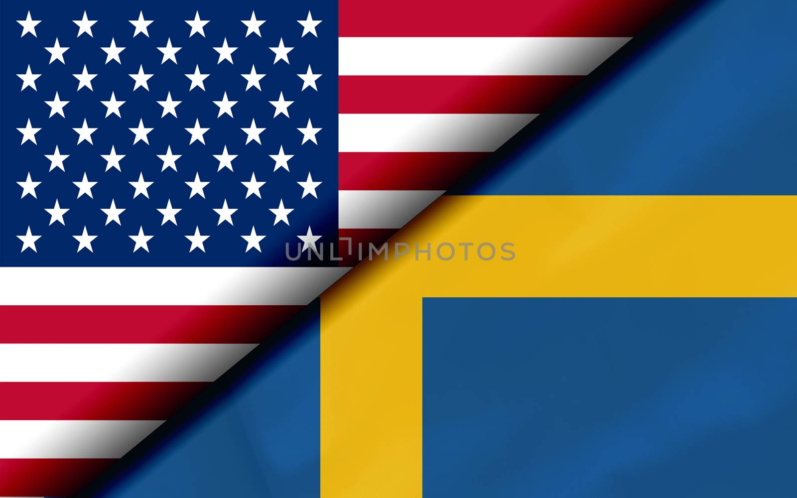 Flags of the USA and Sweden Divided Diagonally. 3D rendering