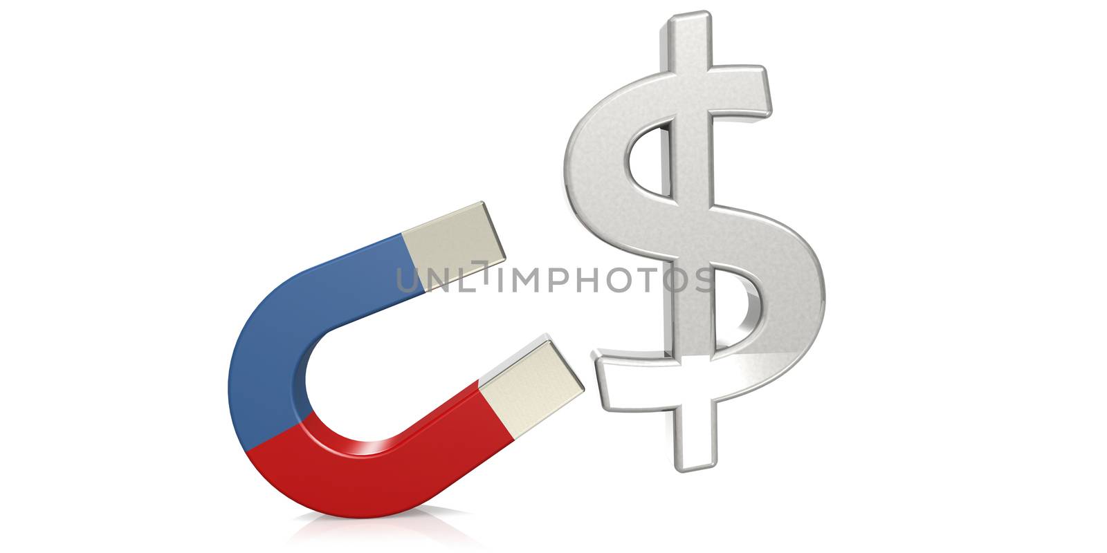 Horseshoe magnet attract dollar sign, 3D rendering