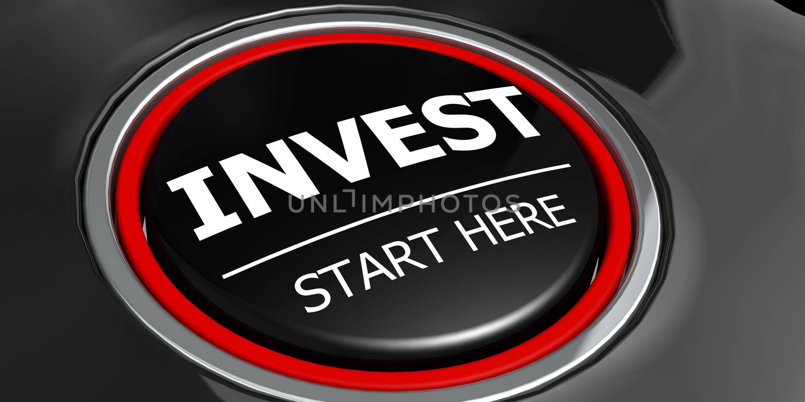 Invest start here button on black background, 3d rendering