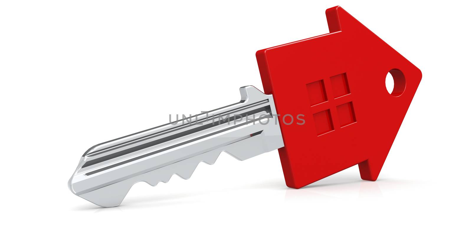 Red house key isolated with white background, 3D rendering