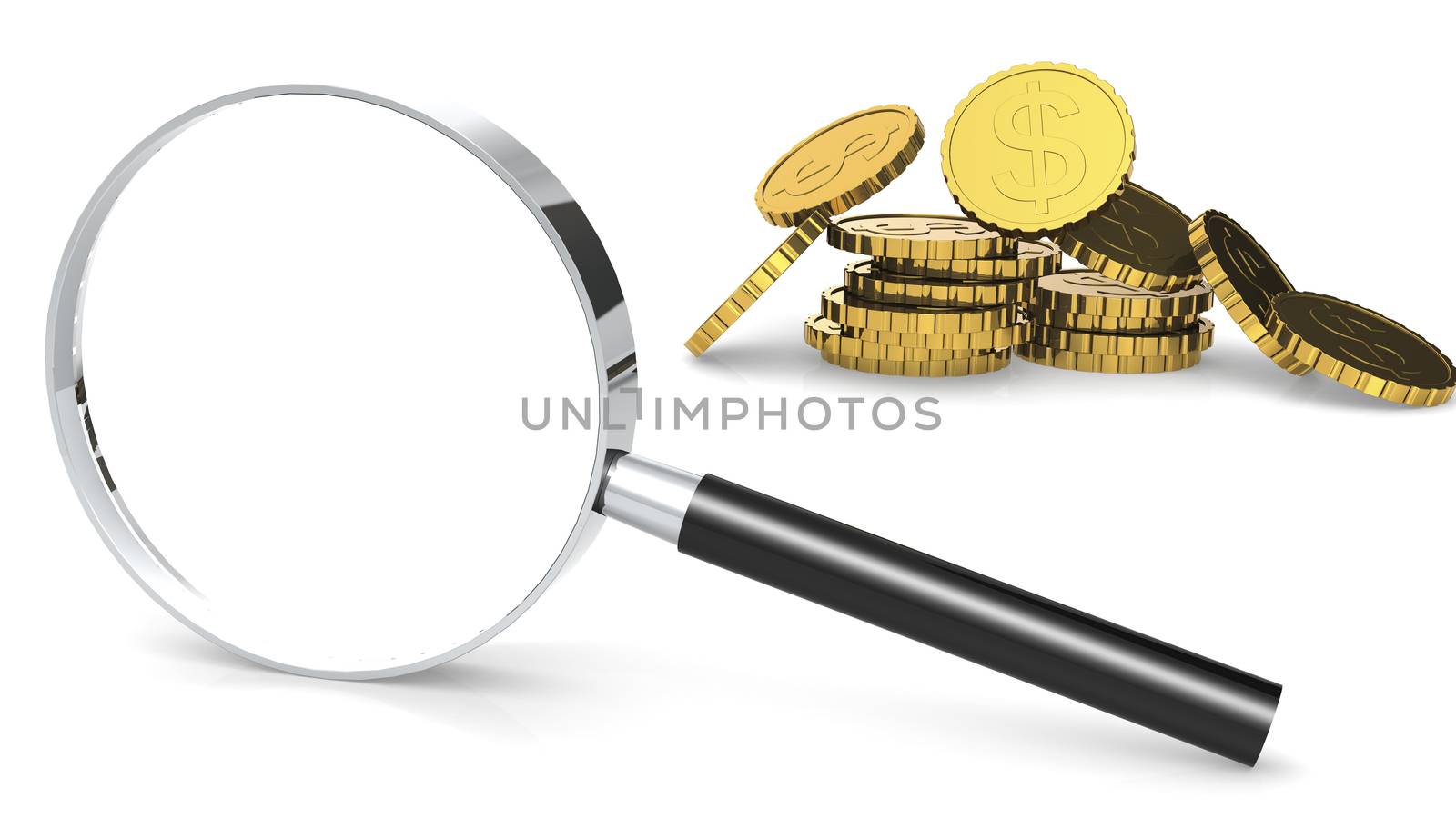 Stack of gold coins and magnifying glass by tang90246