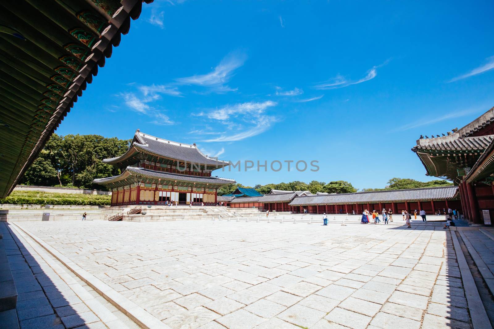 Seoul, South Korea - August 18, 2018: The historic Injeongjeon Throne Hall of Changdeokgung Palace in Seoul, South Korea