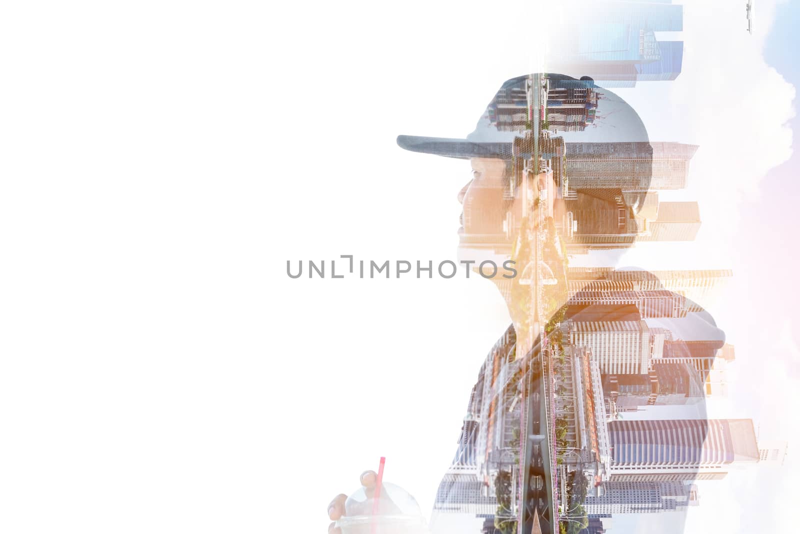 Double exposure of Asian man on skyscrapers and reflections of the city on white background.