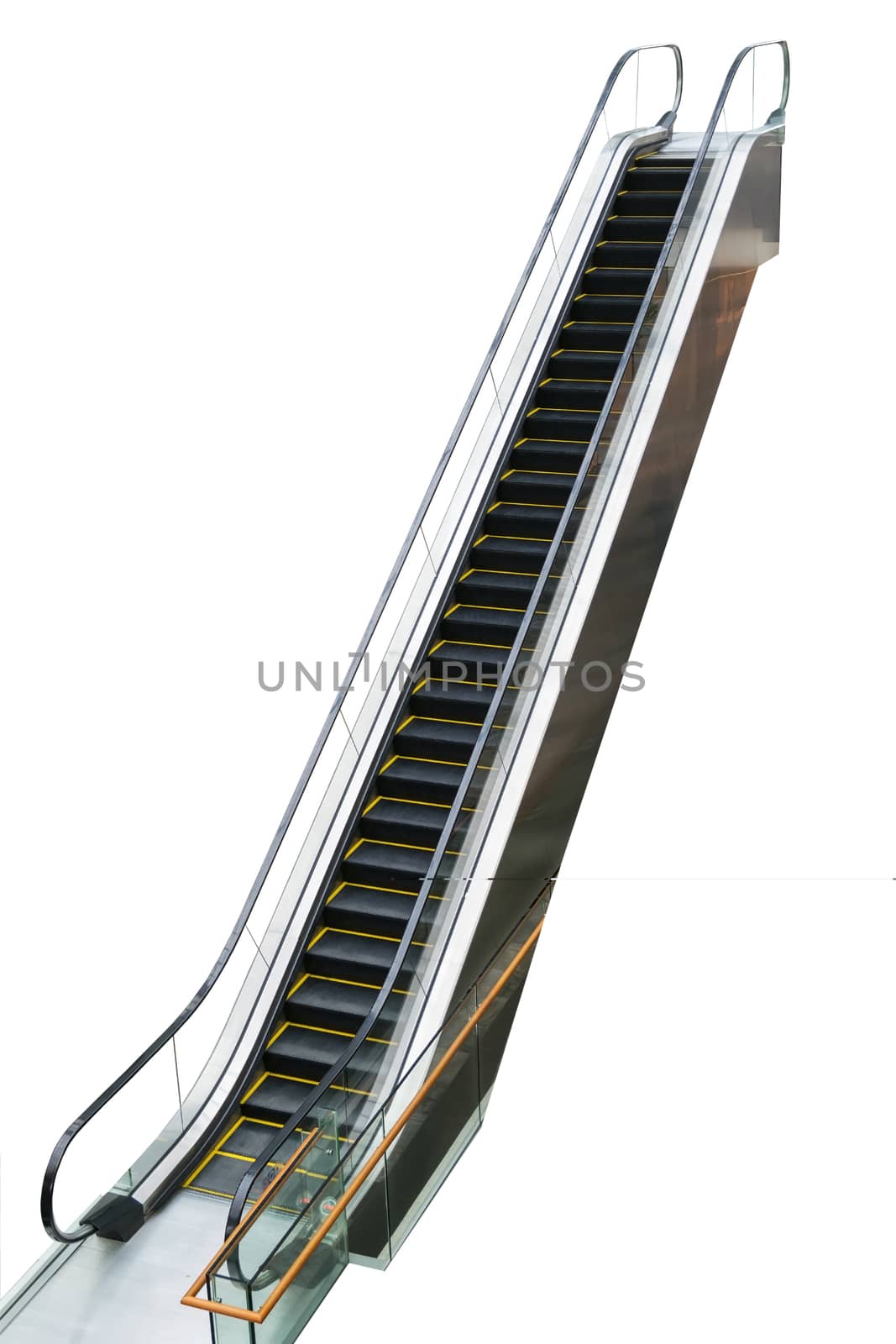 Closeup of the escalator isolated on white background.