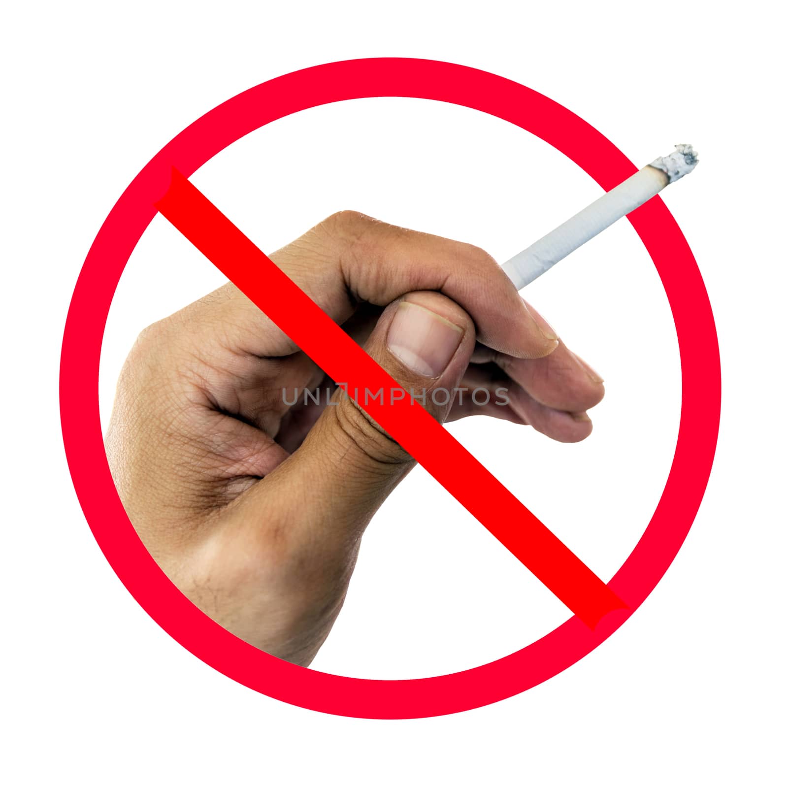 No smoking sign on cigarette in hand isolated on white background.