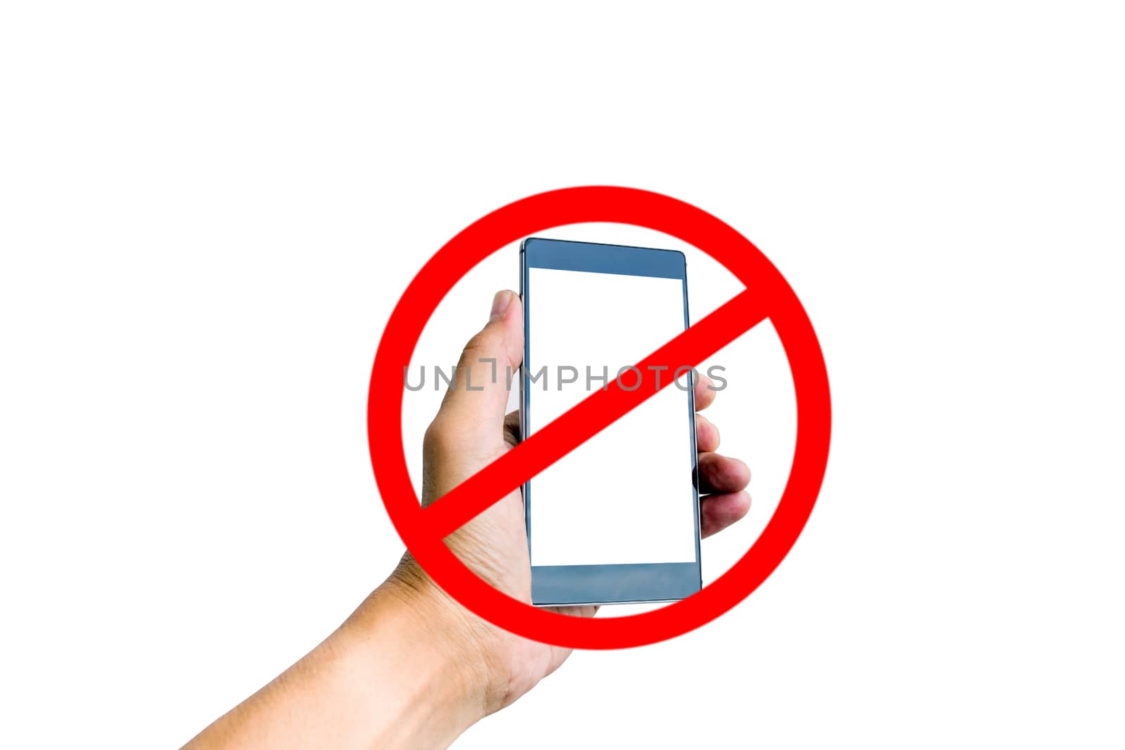 Hand holding smart phone with do not use smart phone sign. by wattanaphob