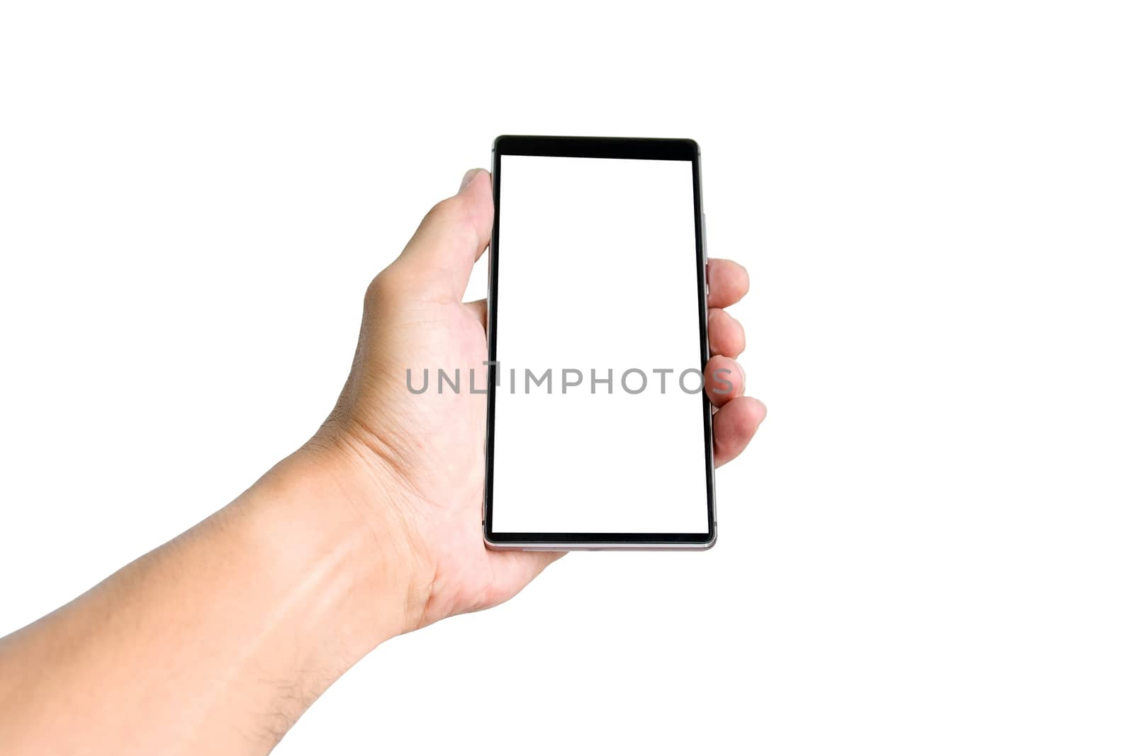 Hand holding smartphone isolated on white background.