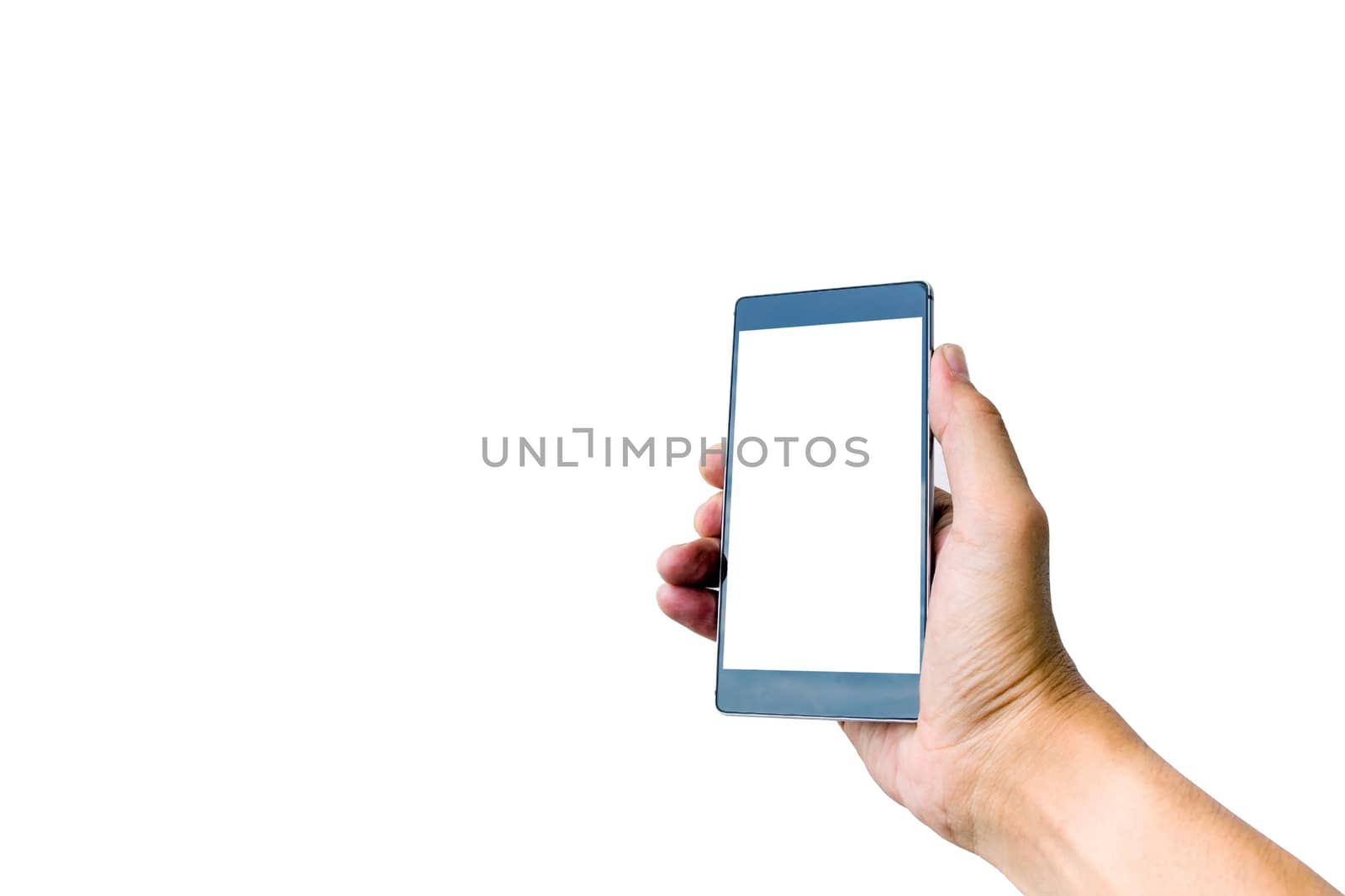 Hand holding smartphone isolated on white background.