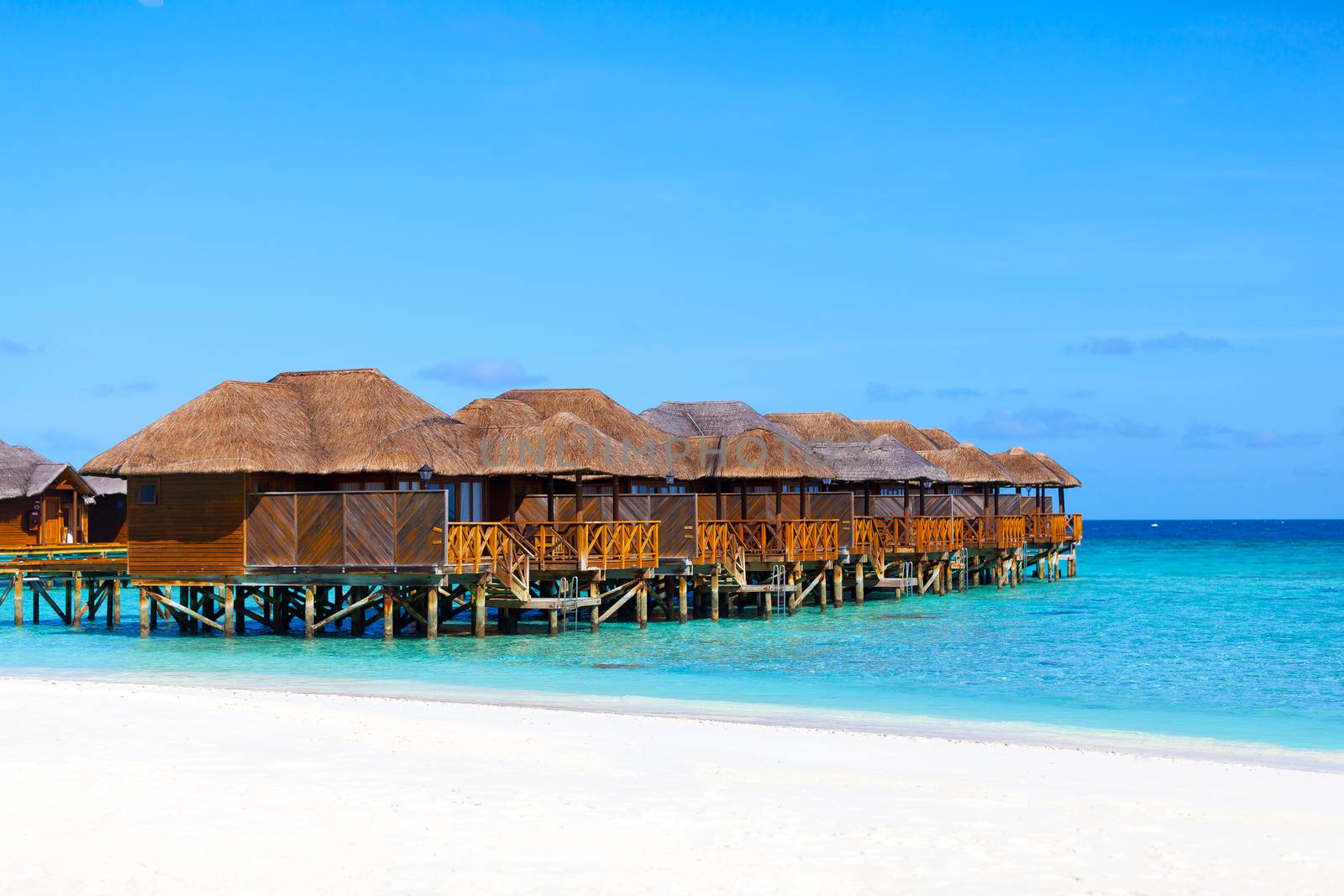 Maldives, water bungalows on the beach