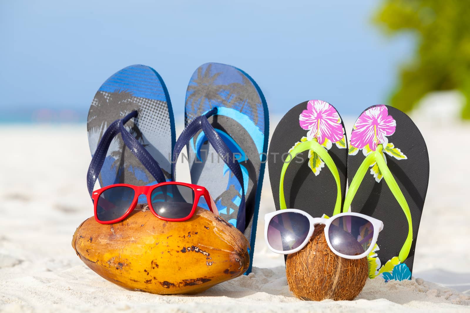 Maldives, coconuts with sunglasses and bathing shoes on the beach