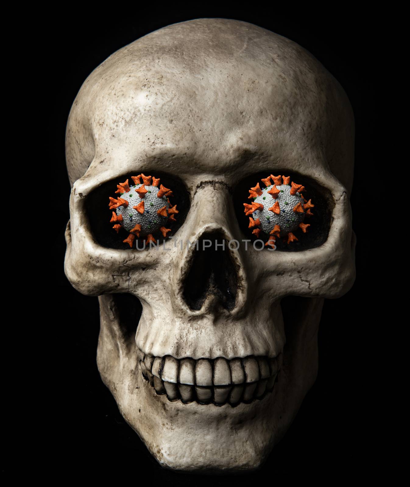 Human skull with coronavirus in a place of eyes  by fyletto