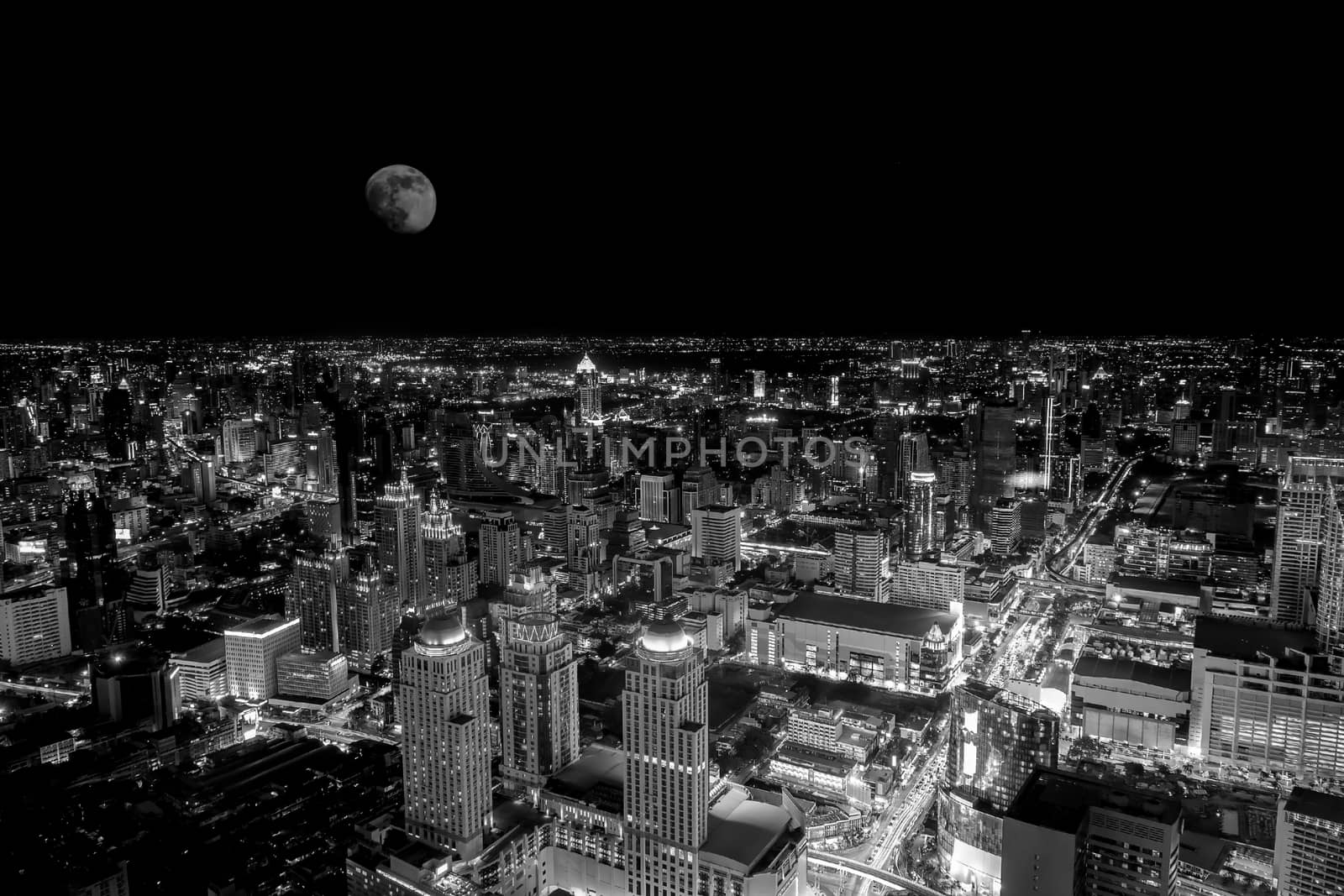 Top view of the colorful nightlife of Bangkok on the night of the full moon;black and white filter tone.