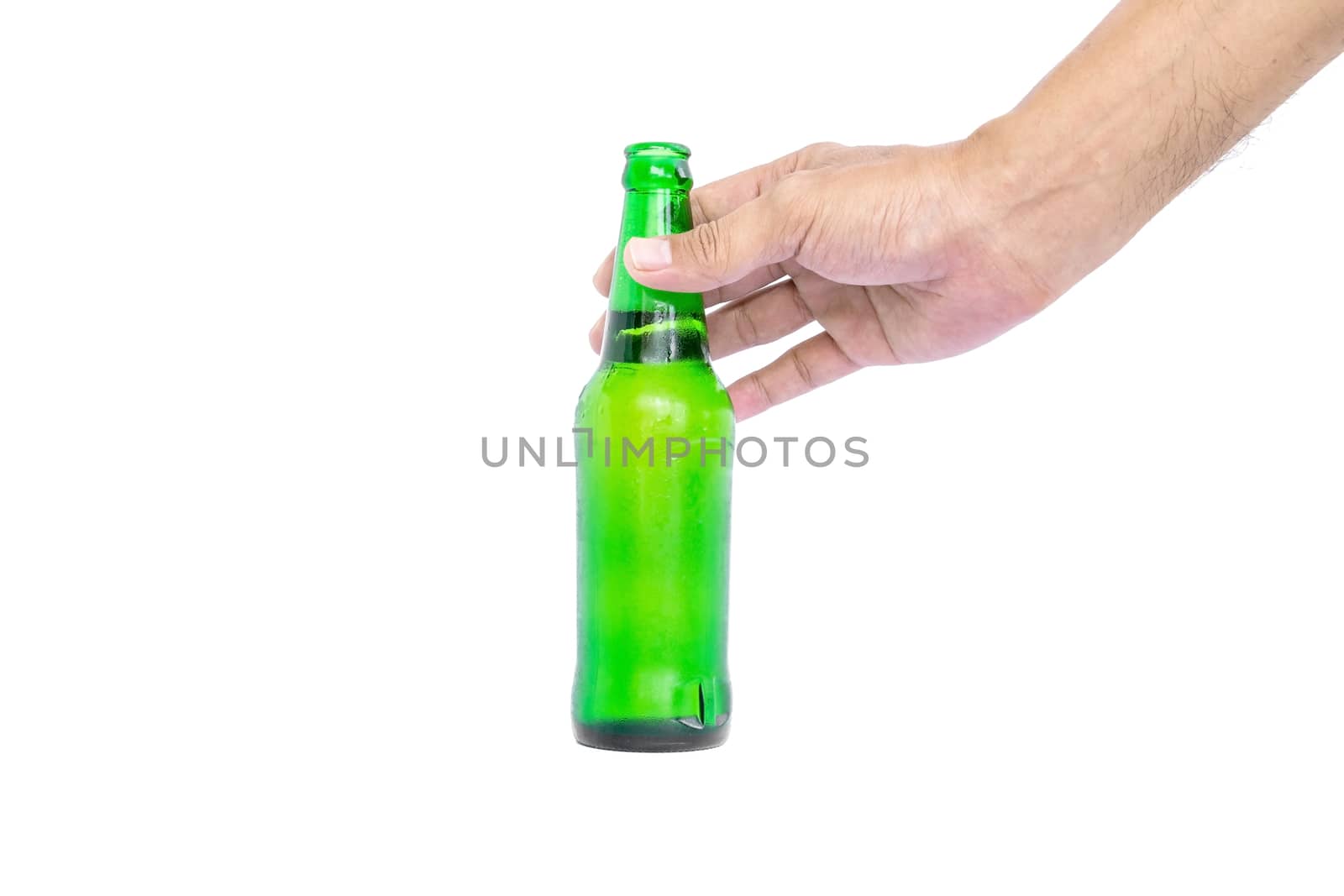Hand holding the glass bottles for beer, alcohol or other beverage industry isolated on white background.