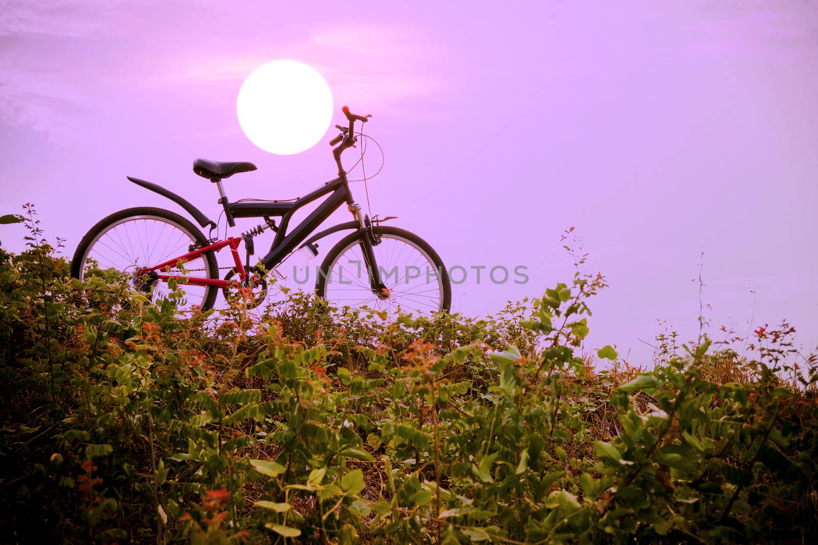 mountain bike with a colorful sky and sunset. by wattanaphob