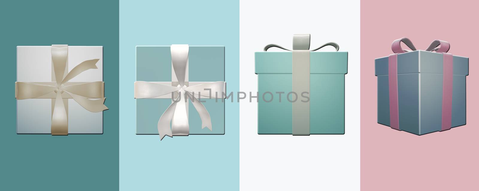 Set of coloured Christmas realistic gift boxes with ribbon and bow. 3D Illustration. Christmas background, border, banner, frame, header, greeting card, design, pattern