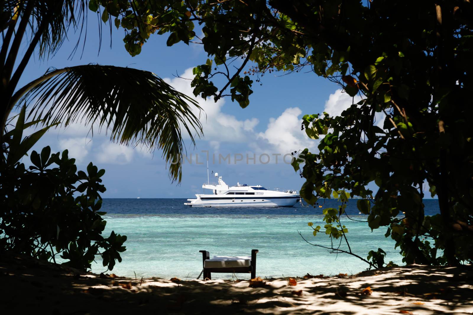 View from the island to the ocean with a boat