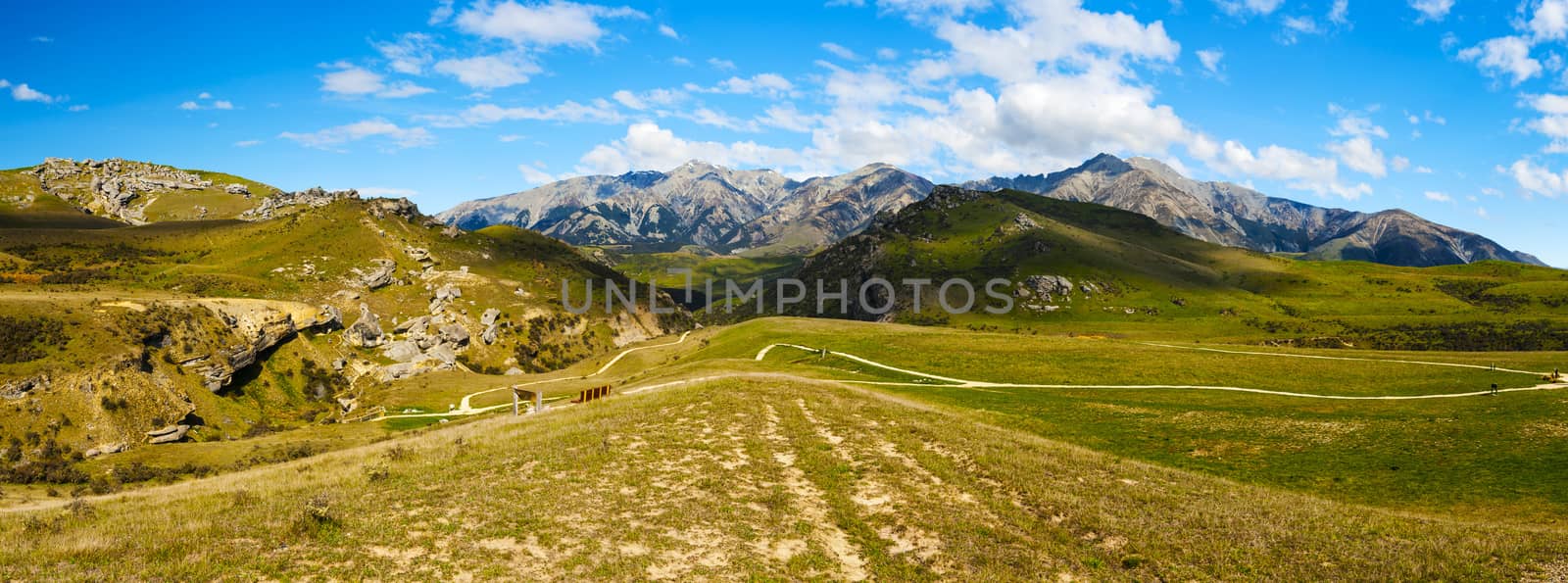 Vivid panoramic photo of mountains at Castle Hill. This area is well known to climbers and people liking bouldering. Kura Tawhiti - as it is called by native Maori is a place of spiritual importance as well. Canterbury, New Zealand