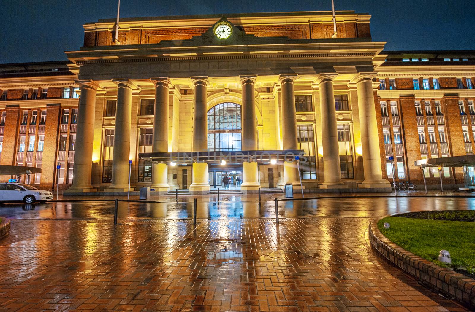 Evening photo of Railway station in Wellington, capital of New Zealand. The station was built in 1937