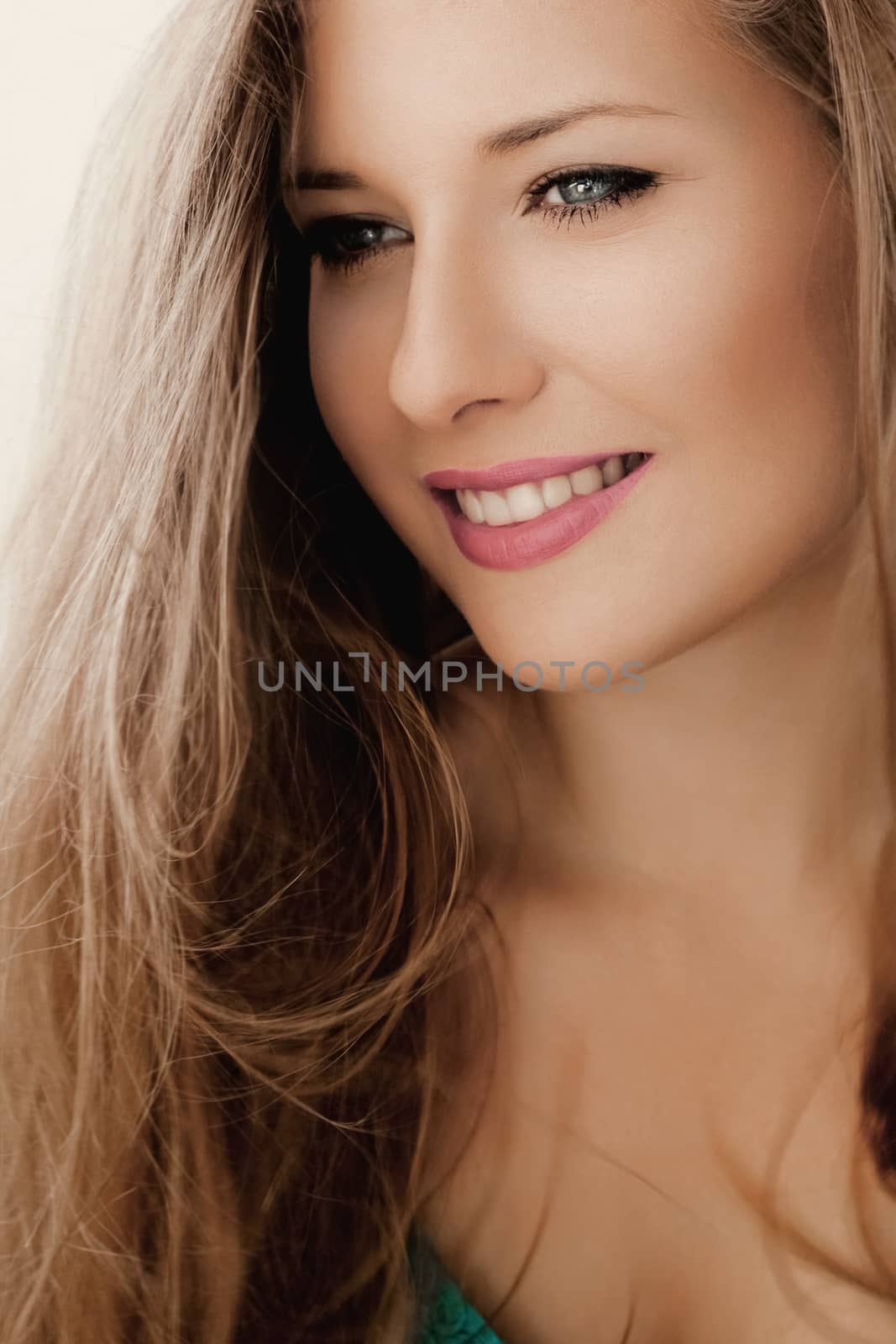 Elegant woman smiling, brunette with long light brown hair, girl by Anneleven