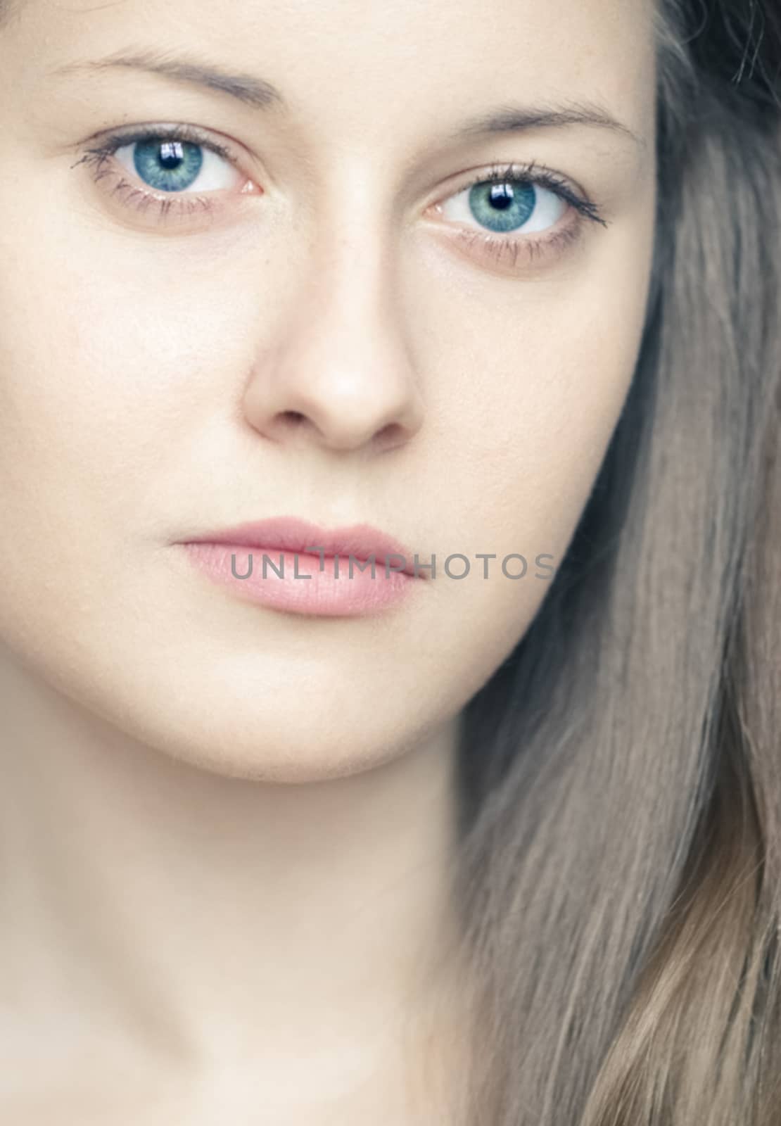 Feminine woman as closeup beauty face portrait, young girl with natural makeup look and long hairstyle for female hair care, cosmetic or skincare brands