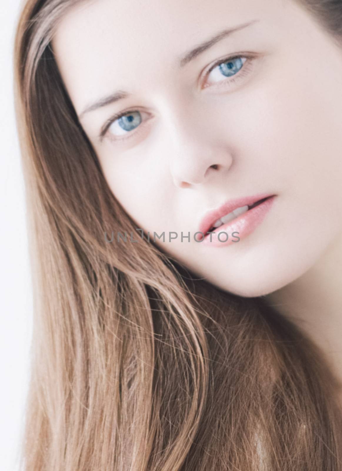 Feminine woman as closeup beauty face portrait, young girl with natural makeup look and long hairstyle for female hair care, cosmetic or skincare brands