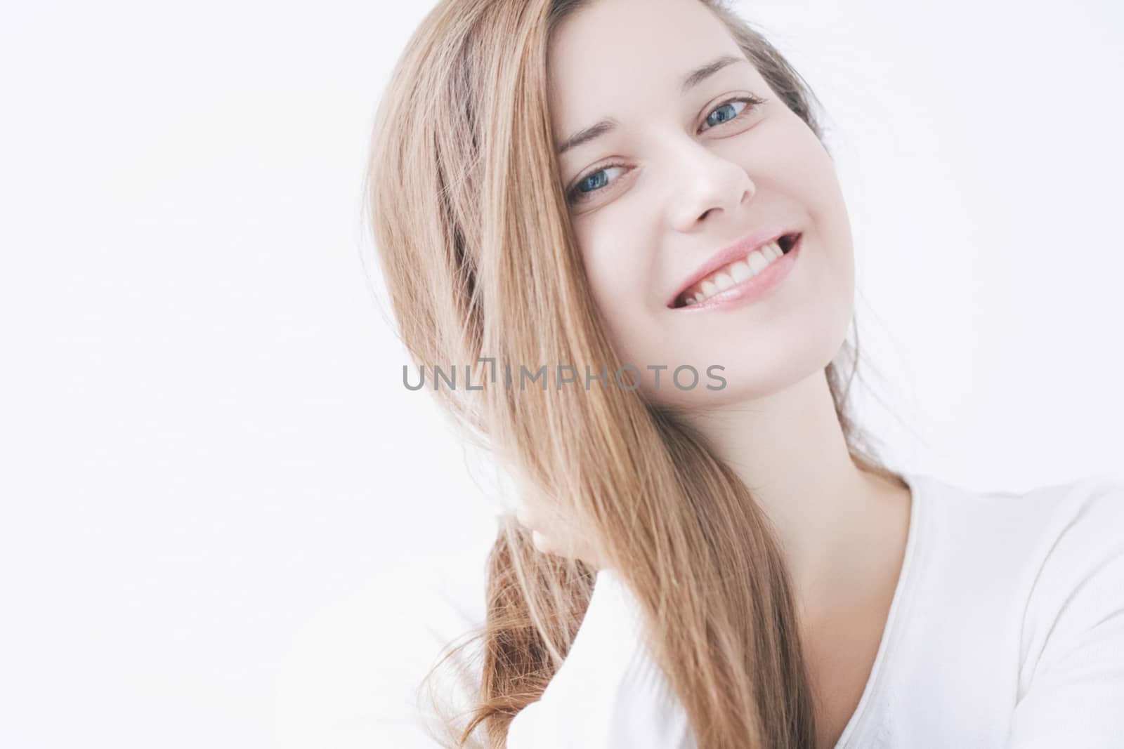 Happy beauty, closeup face portrait of young woman with long hai by Anneleven