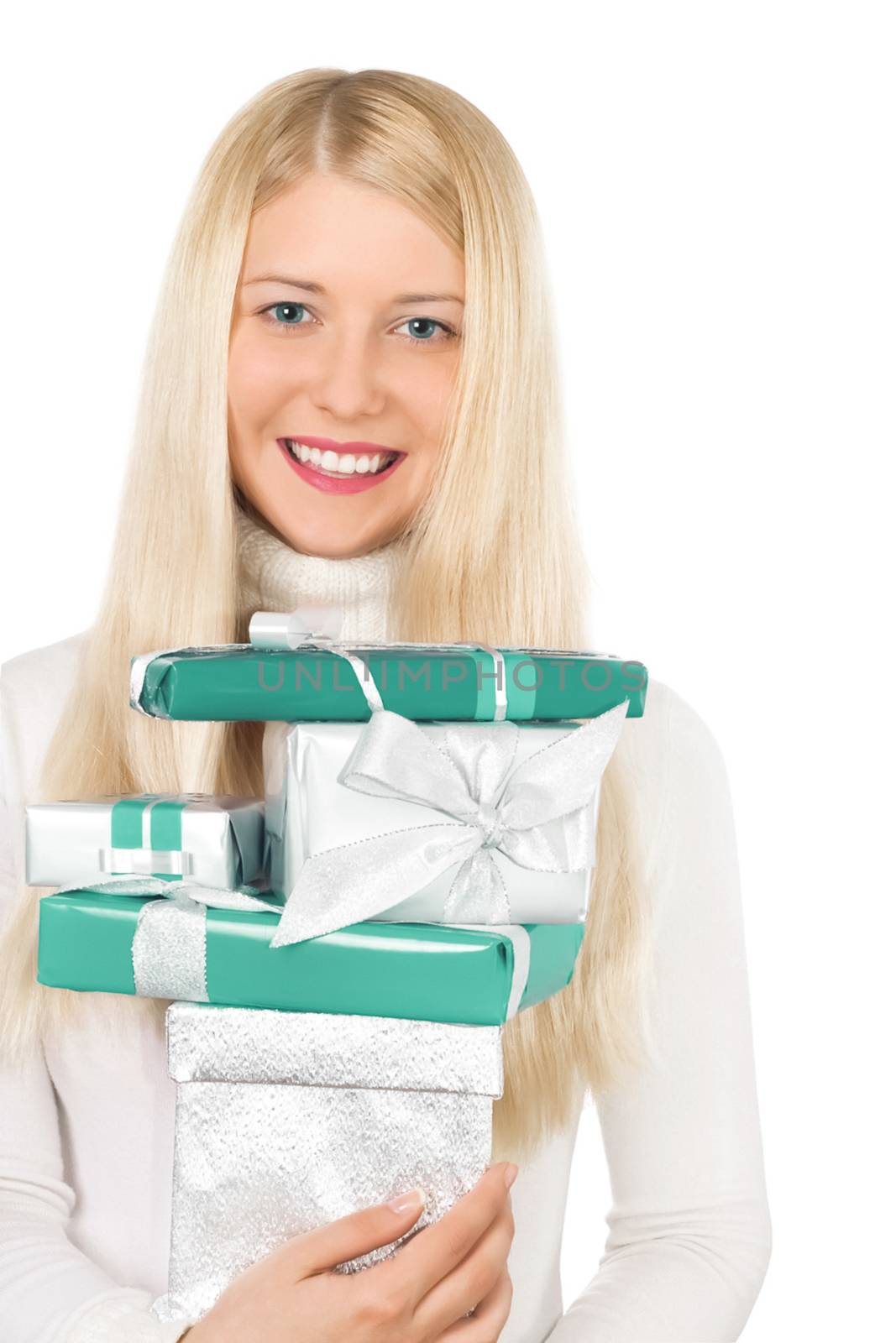 Cheerful blonde girl with gift boxes in Christmas, woman and presents in winter season for shopping sale and holiday brands