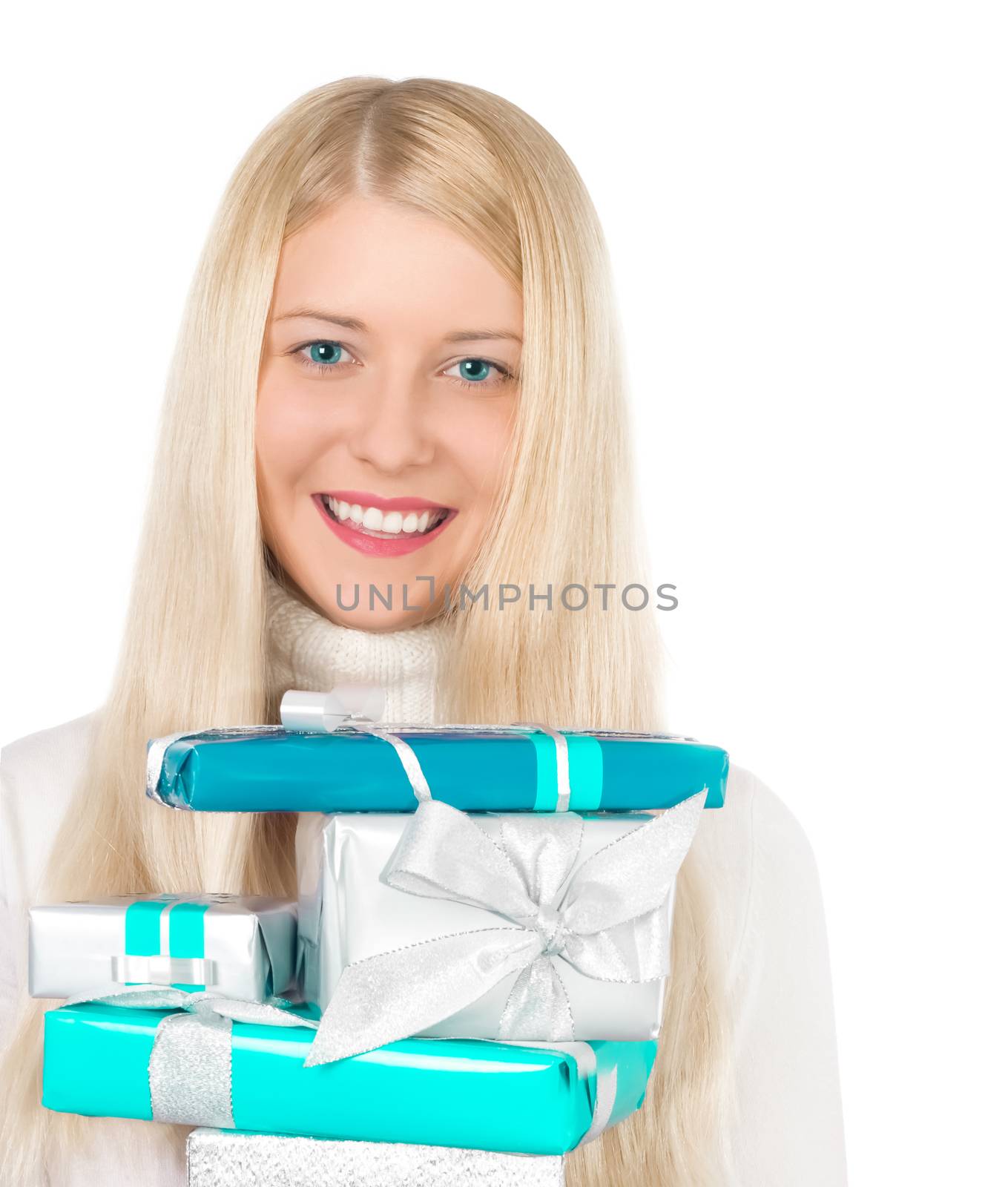 Happy blonde girl with gift boxes in Christmas, woman and presen by Anneleven