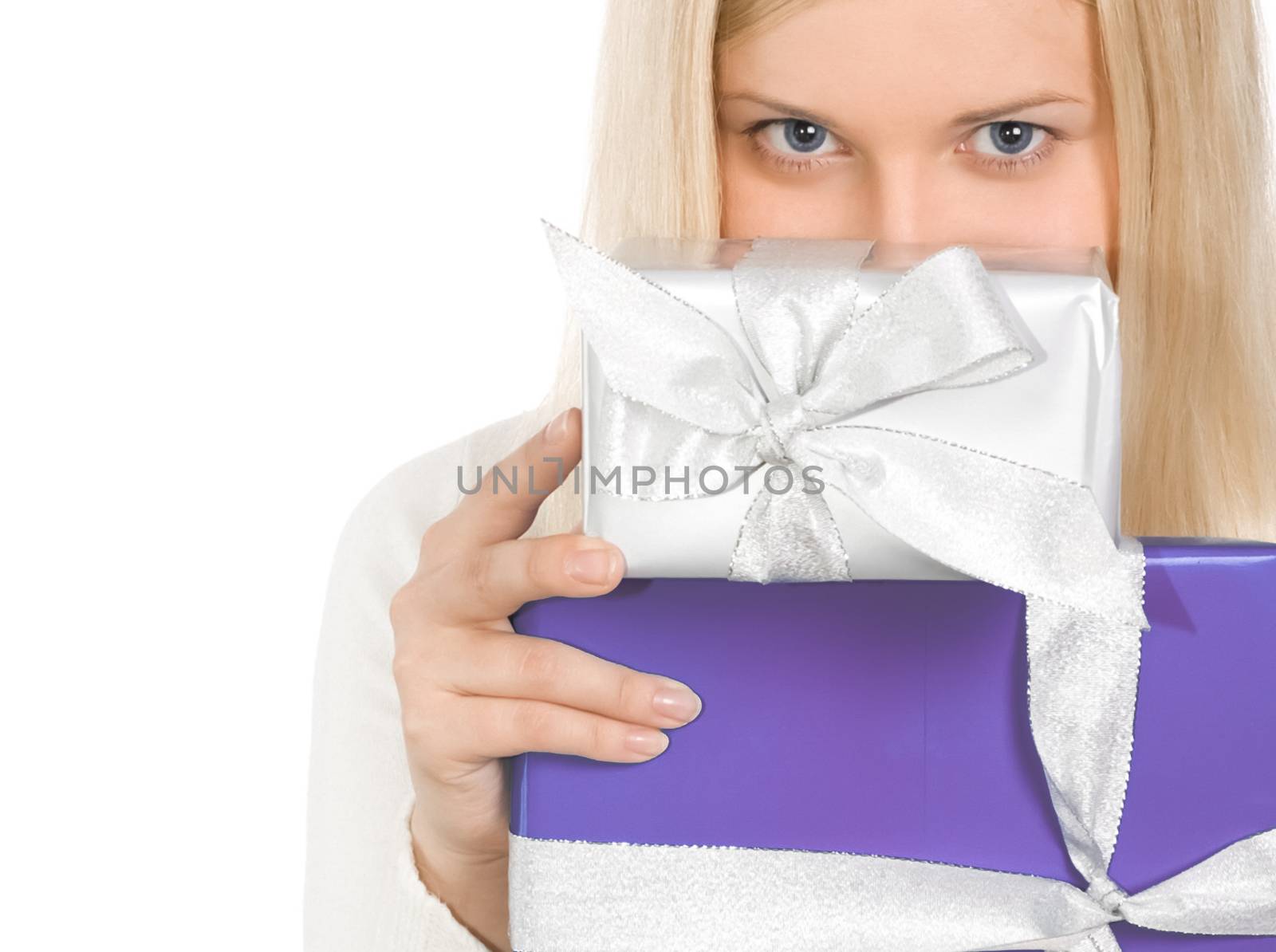 Blonde girl with gift boxes in Christmas, woman and presents in  by Anneleven