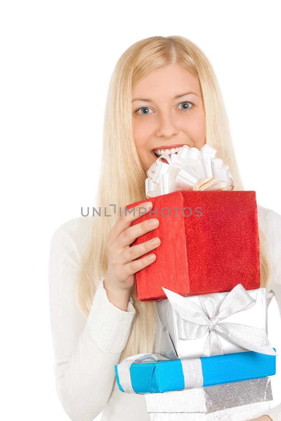 Young blonde girl with gift boxes in Christmas, woman and presents in winter season for shopping sale and holiday brands