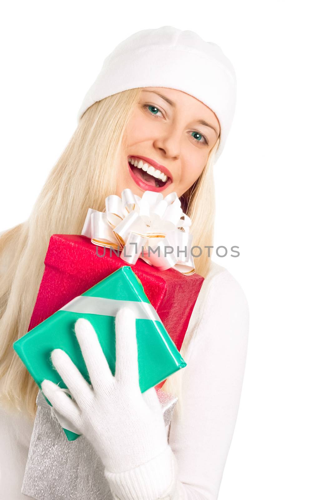 Happy blonde girl with gift boxes in Christmas, woman and presents in winter season for shopping sale and holiday brands