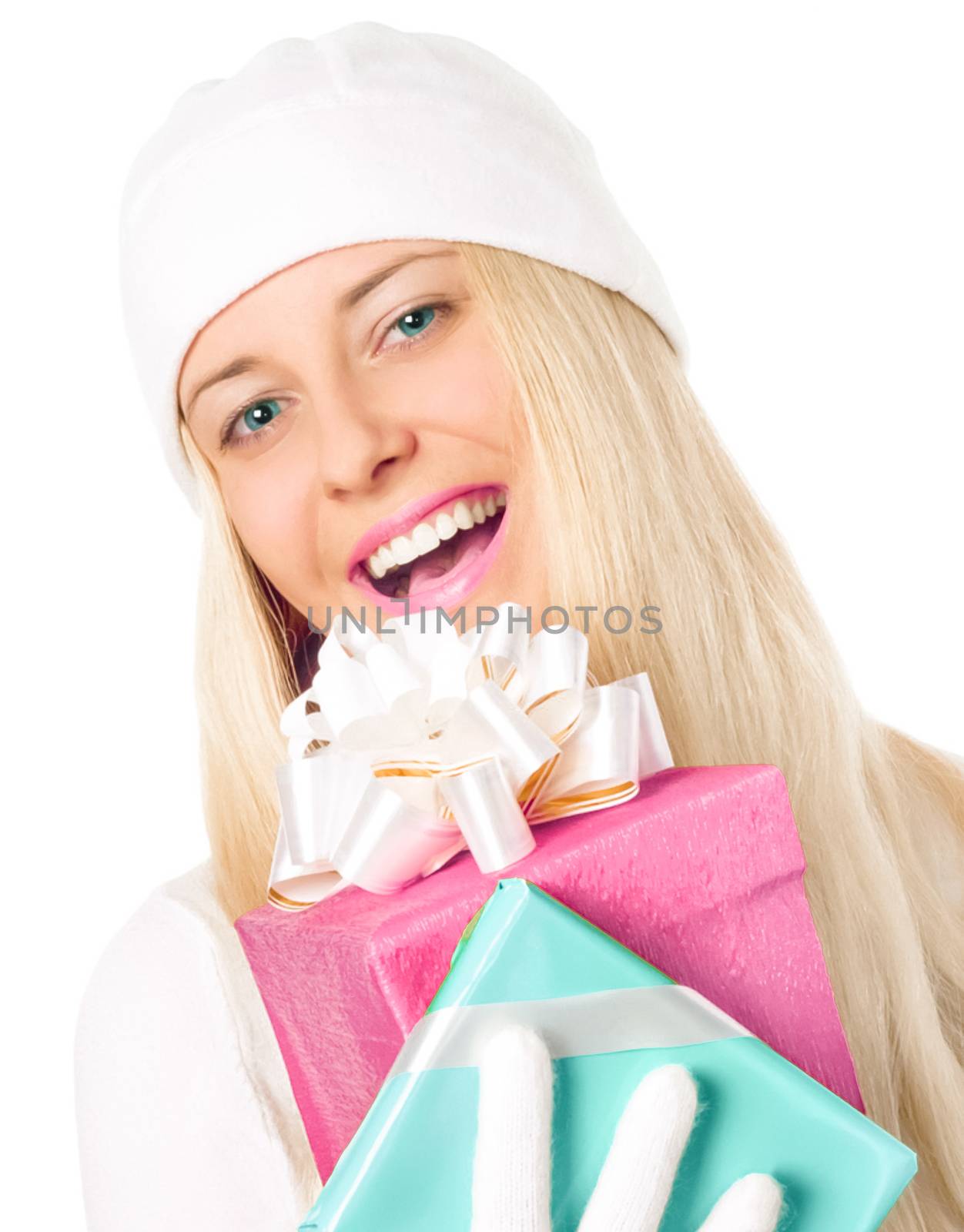 Blonde girl with gift boxes in Christmas, woman and presents in winter season for shopping sale and holiday brands