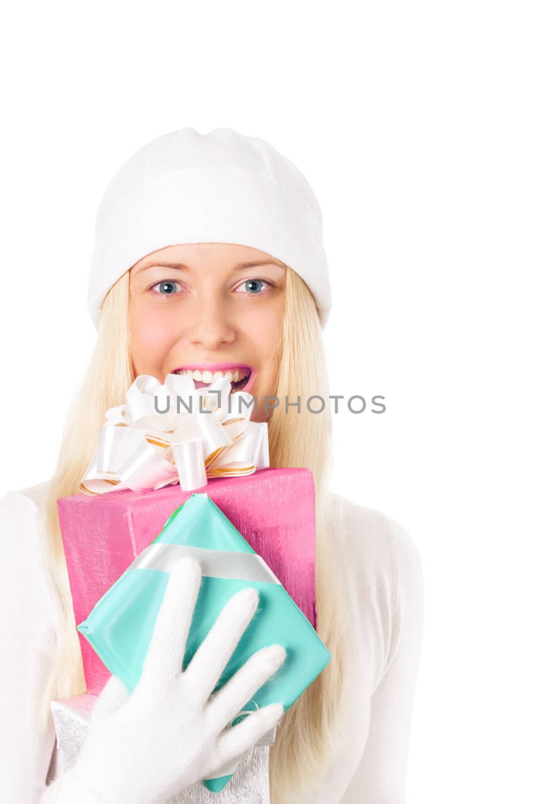 Young blonde girl with gift boxes in Christmas, woman and presents in winter season for shopping sale and holiday brands