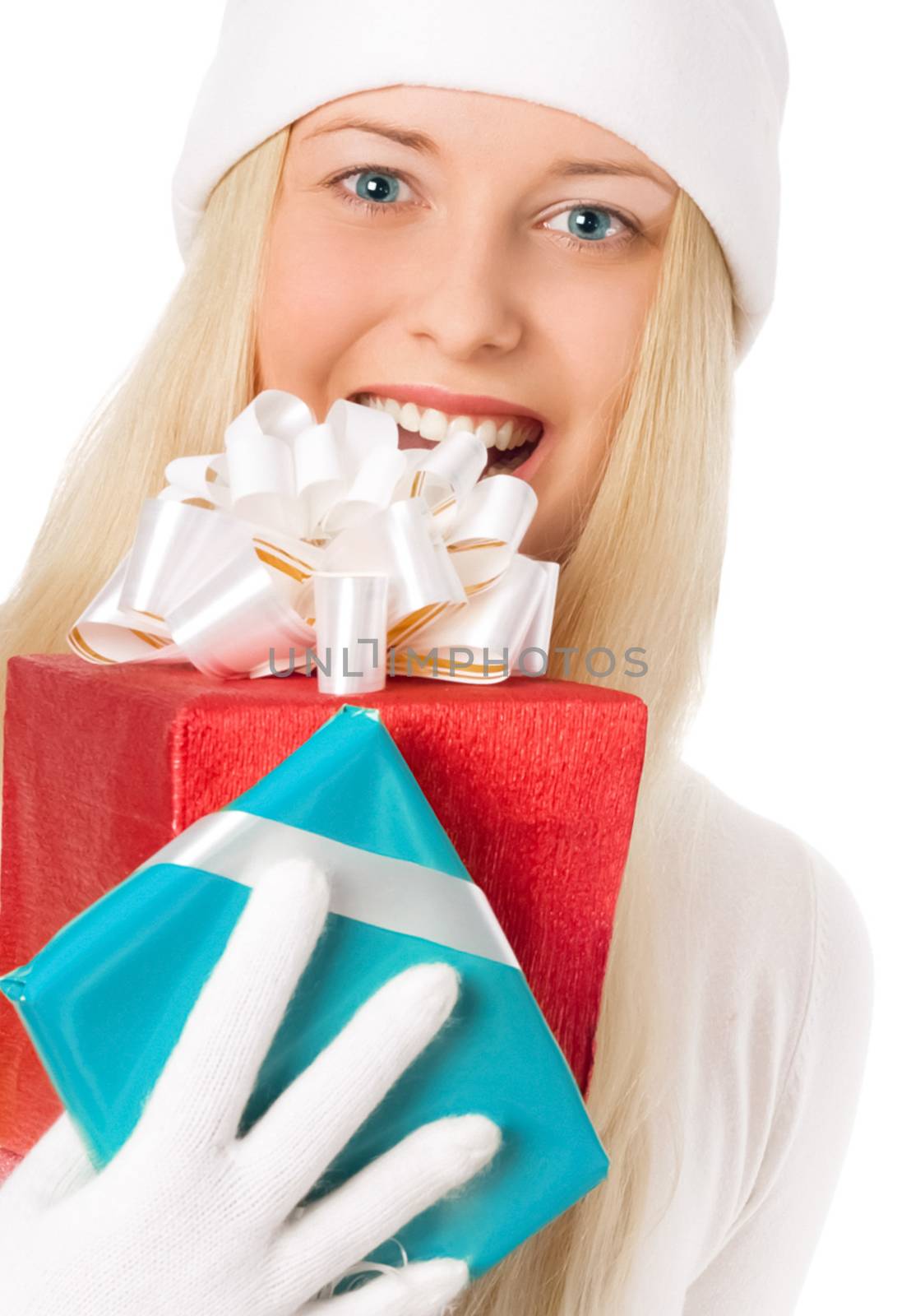 Cheerful blonde girl with gift boxes in Christmas, woman and presents in winter season for shopping sale and holiday brands