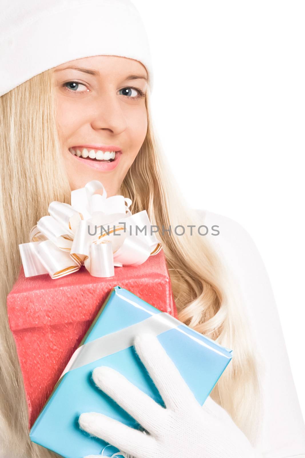 Blonde girl with gift boxes in Christmas, woman and presents in  by Anneleven