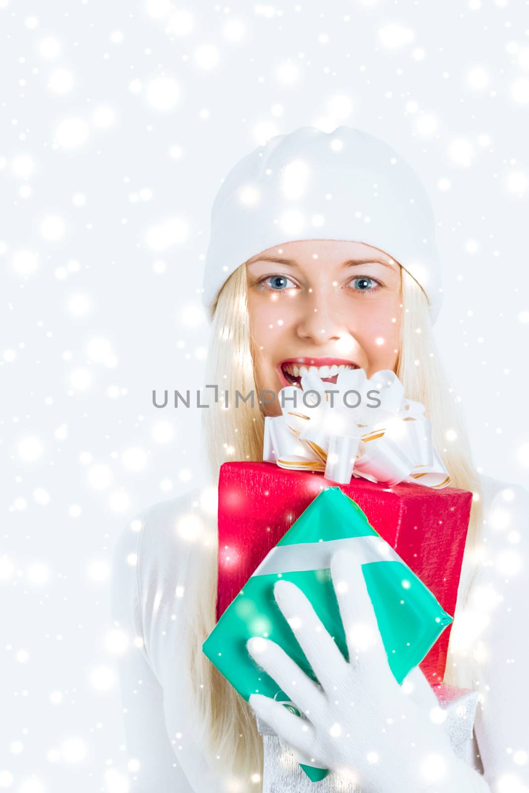 Magical Christmas and glitter snow background, happy blonde girl by Anneleven