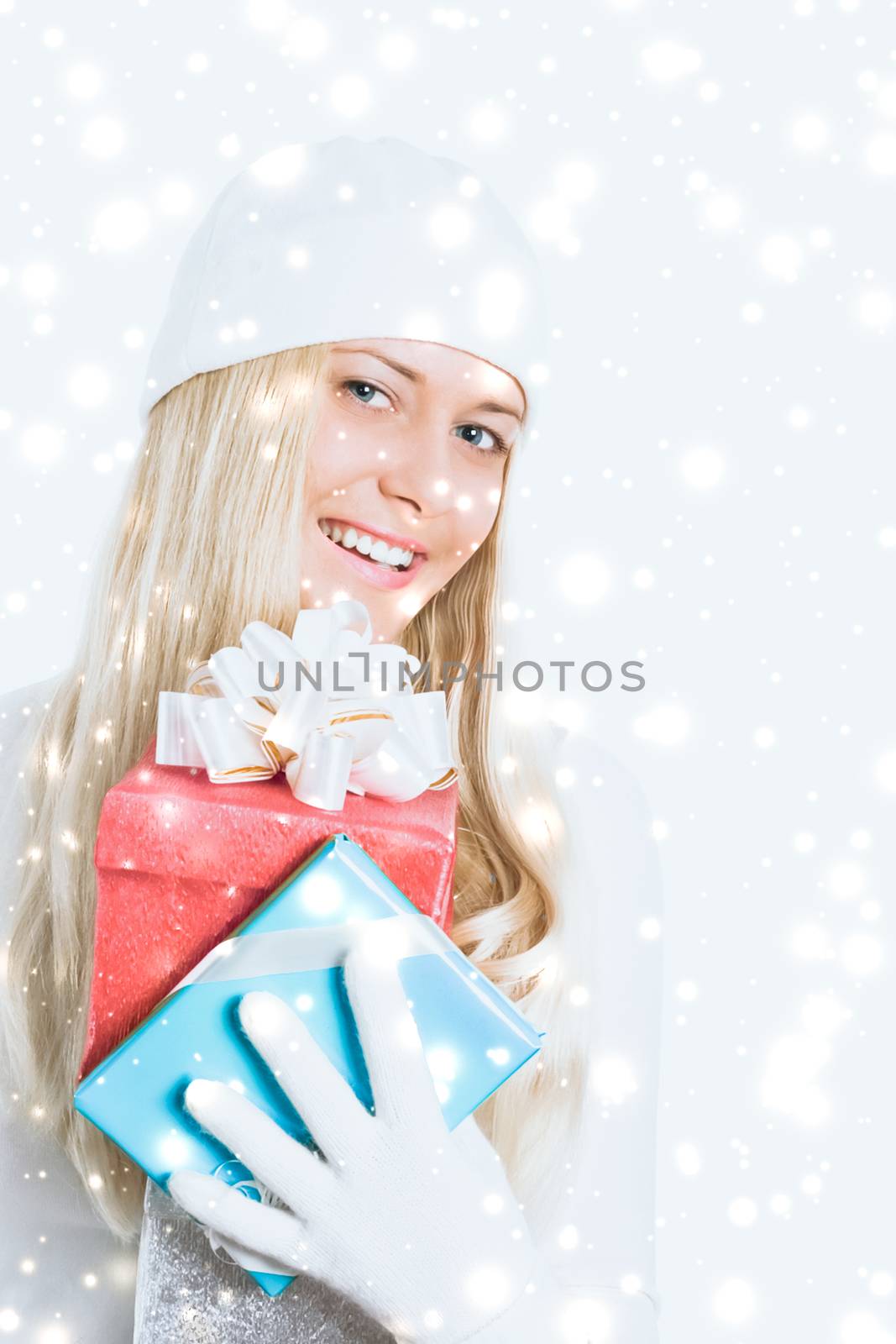 Christmas surprise and glitter snow background, happy blonde gir by Anneleven
